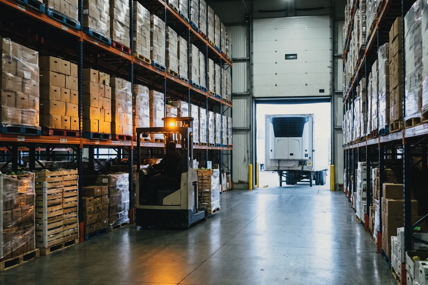 Pallets of packaged food in a food distribution warehouse