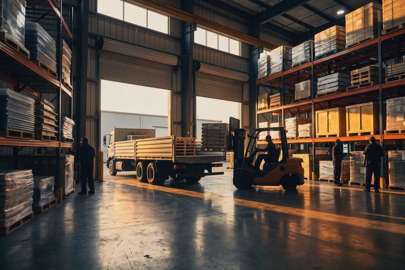A flatbed being loaded with pallets at an industrial warehouse