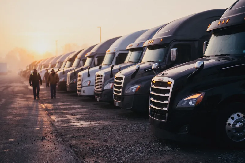 A row of semi-trucks parked side by side at sunrise