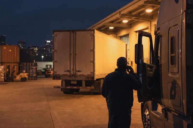 A truck driver on a phone call beside a cab at a loading dock