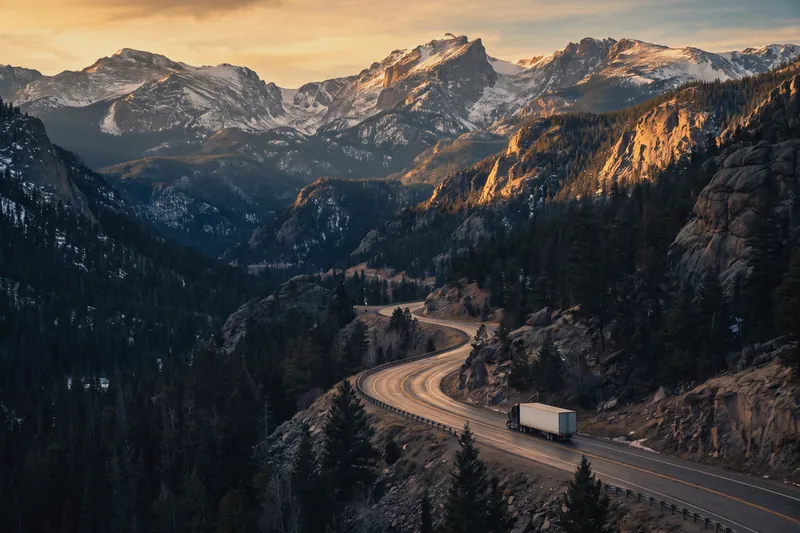 A semi-truck climbing an interstate through a mountain pass
